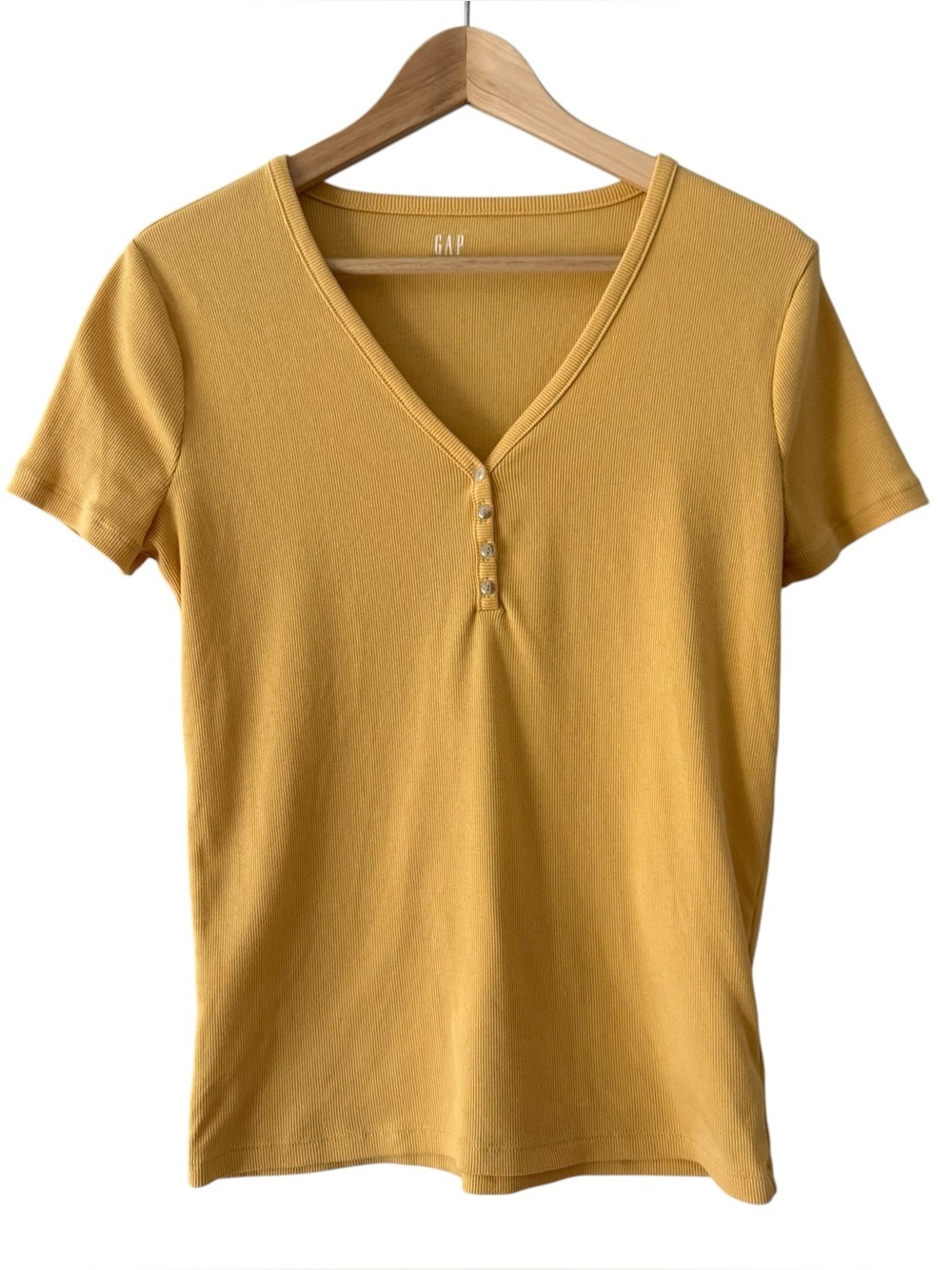 GAP Women's Mustard V-Neck Short Sleeve Henley Tee